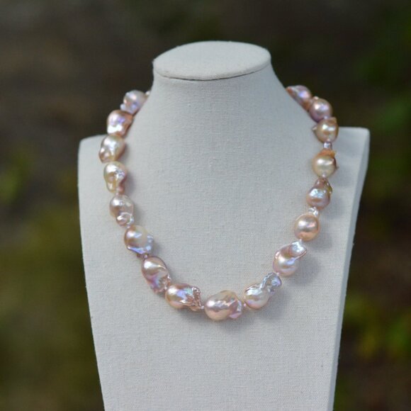 Metallic AAAA Flameball Baroque Pearl Necklace – 17" - Picture 10 of 12